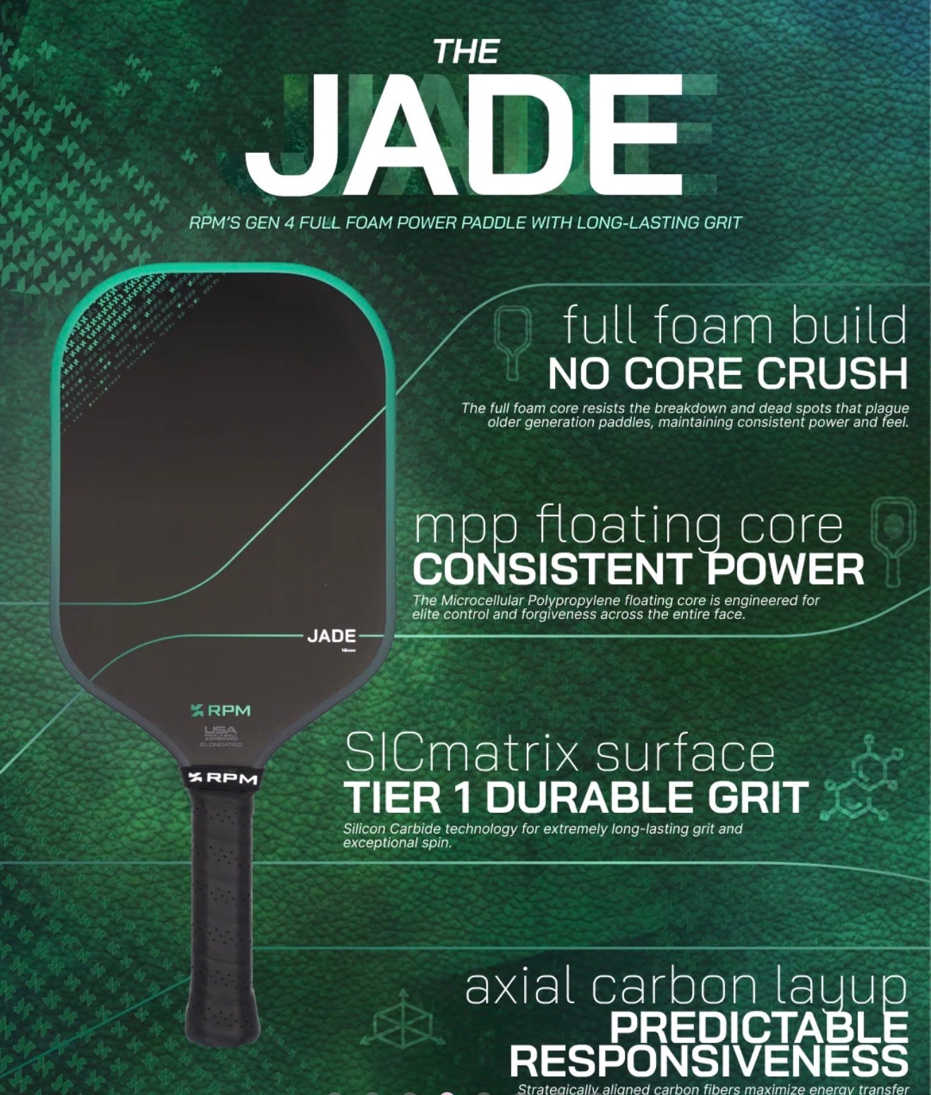 RPM JADE 16MM ELONGATED PICKLEBALL PADDLE