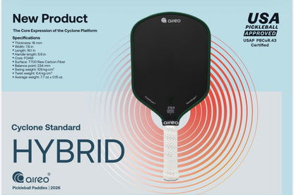 AIREO Cyclone X Hybrid USAP PBCoR .43 Certified 16mm Pickleball Paddle – NanoGraph Grit Surface With PulseFoam™ Power Core For Pro-Level Performance